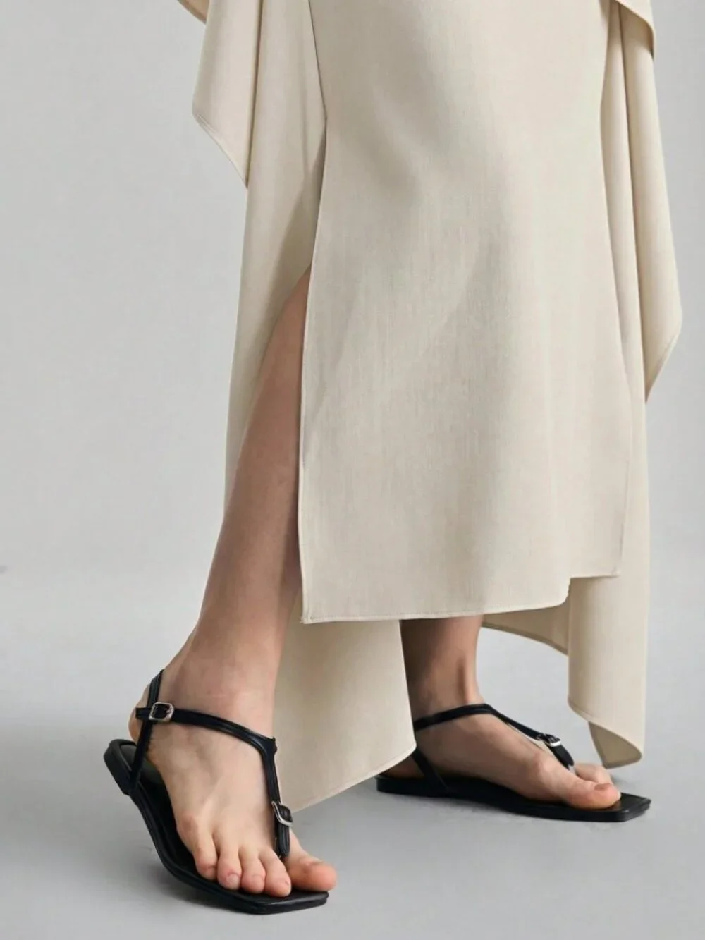 Cream Draped Asymmetric High-Slit Maxi Skirt